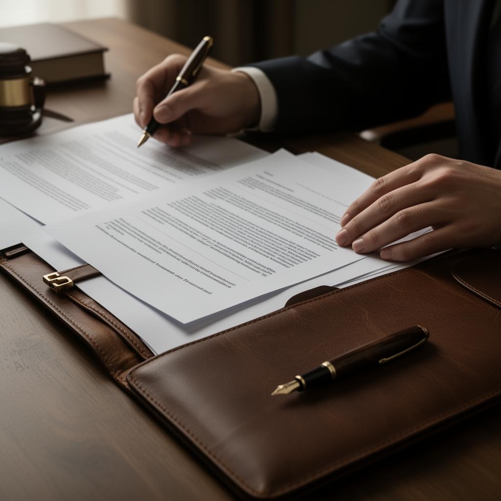 Lawyer reviewing legal documents with a fountain pen