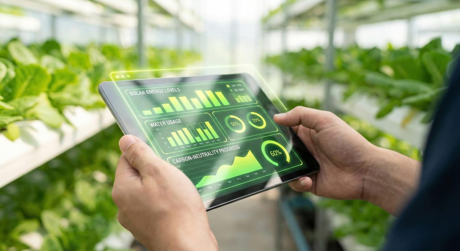 A tablet showing sustainability metrics - solar energy, water usage and carbon-neutrality progress - in a green farm