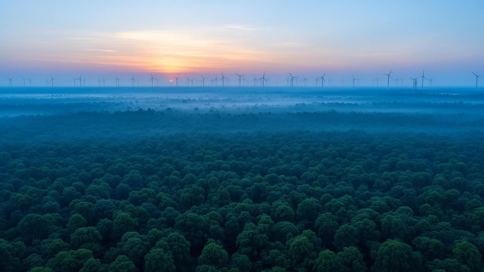 Wind farm at dawn over Indian forest landscape
