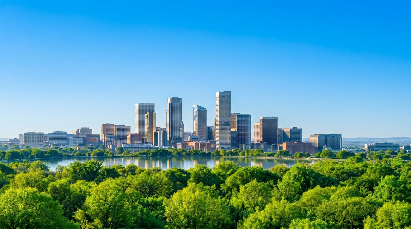 Forest canopy meeting a corporate tower at dawn, ESG, climate and sustainability