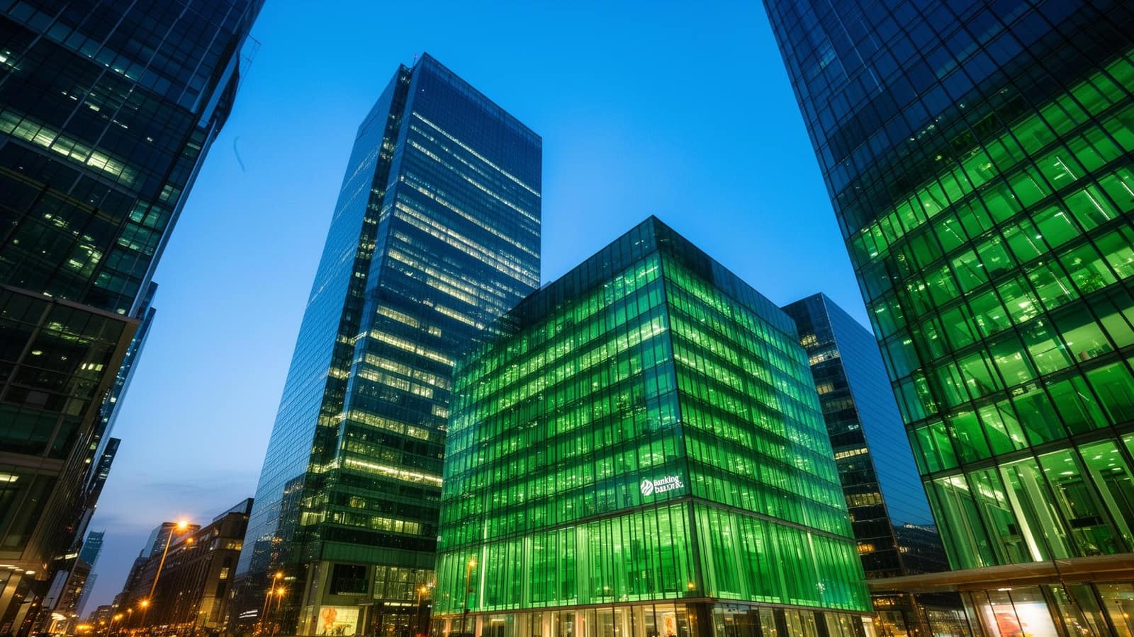 Financial district at dusk with green-lit tower