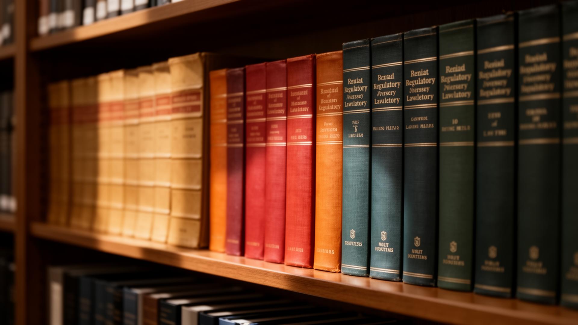 Bound regulatory law volumes on a library shelf